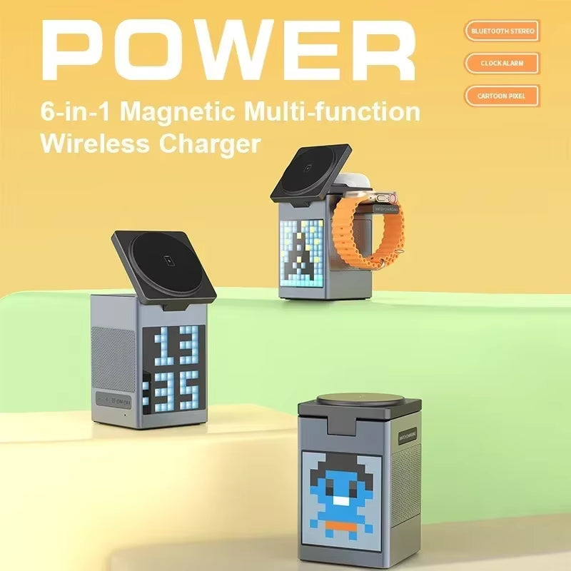 6 in 1 Magnetic Wireless Charger Stand Bluetooth Speaker Alarm Clock for Magsafe Iphone 16 15 14 Pro Max Airpods Pro Apple Watch