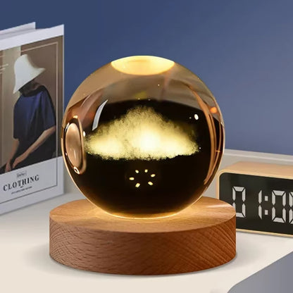 3D Crystal Ball LED Warm Night Light Wooden Base Laser Engraved Solar System Globe Galaxy Birthday Gift Home Desktop Decoration