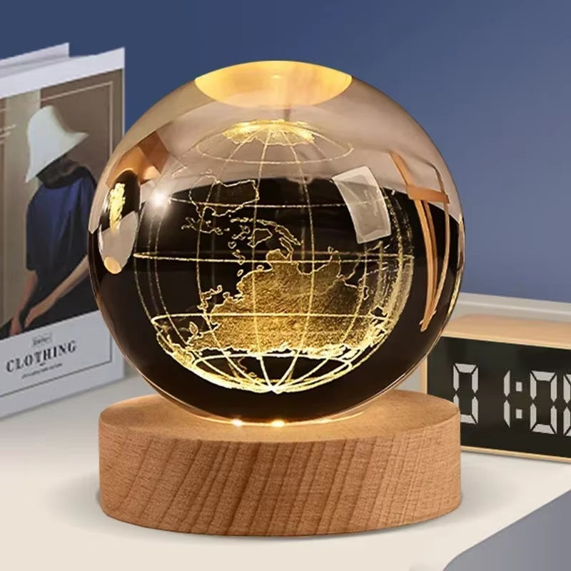 3D Crystal Ball LED Warm Night Light Wooden Base Laser Engraved Solar System Globe Galaxy Birthday Gift Home Desktop Decoration