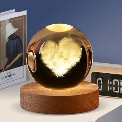 3D Crystal Ball LED Warm Night Light Wooden Base Laser Engraved Solar System Globe Galaxy Birthday Gift Home Desktop Decoration