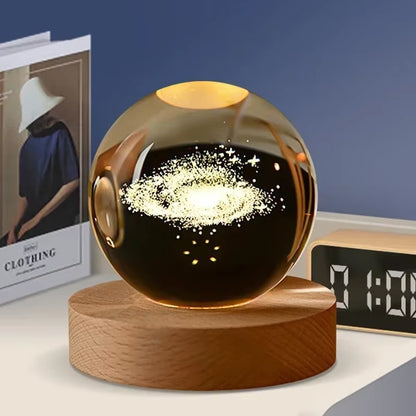 3D Crystal Ball LED Warm Night Light Wooden Base Laser Engraved Solar System Globe Galaxy Birthday Gift Home Desktop Decoration