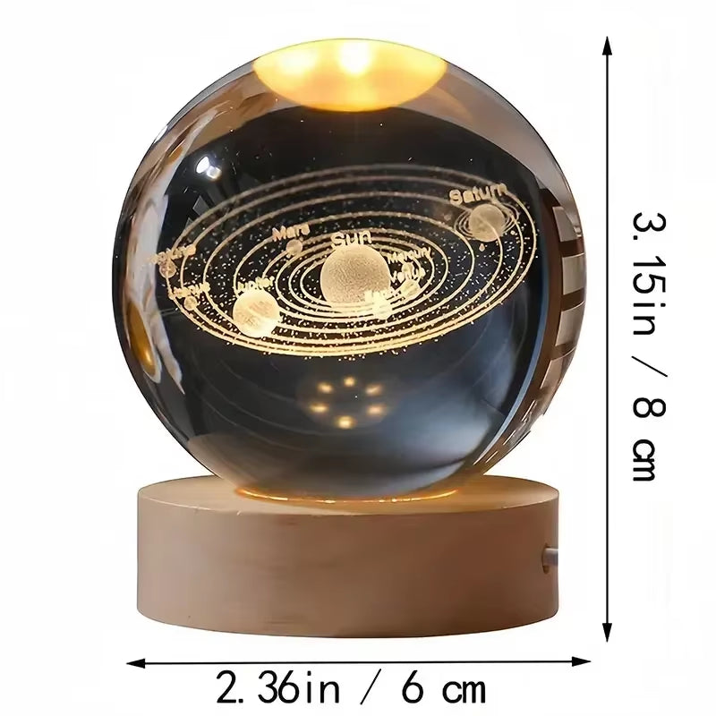 3D Crystal Ball LED Warm Night Light Wooden Base Laser Engraved Solar System Globe Galaxy Birthday Gift Home Desktop Decoration